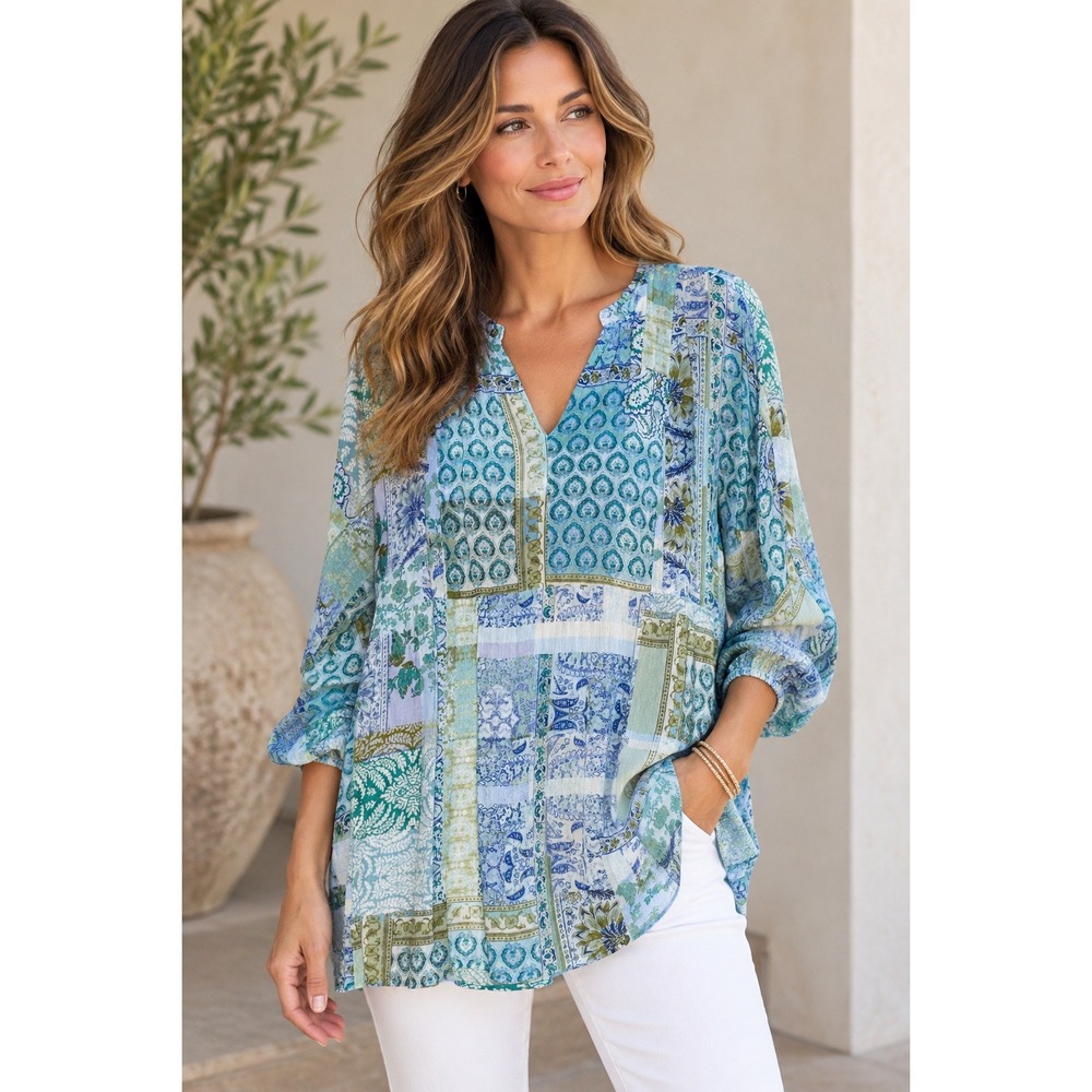 J Jill Blue Green Patchwork Paisley Floral Boho Tunic Blouse XS